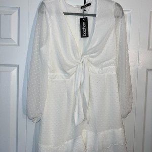 Boohoo Long-sleeve white front tie dress